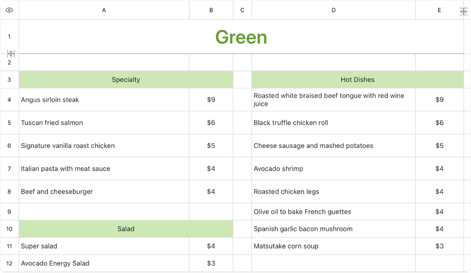 Western restaurant menu